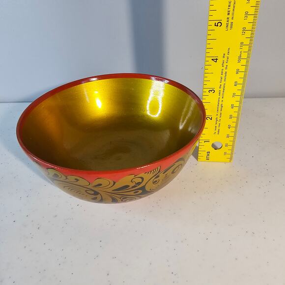 Vintage USSR Lacquer KHOKHLOMA Russian Wooden Hand painted Bowls & Vase Lot of 3 - Picture 9 of 16